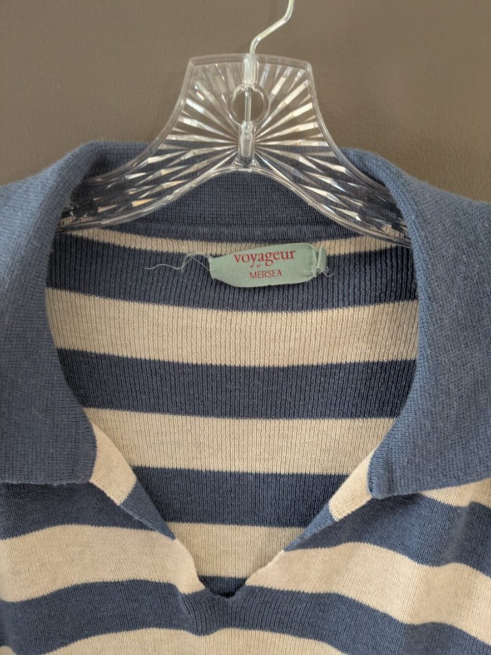 mersea by voyageur woman short sleeve knit sweater cream blue stripes L #868 - Picture 2 of 7